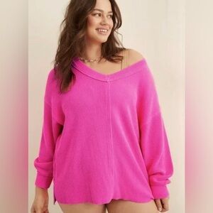 Aerie Wonder Textured Deep V Neck Sweatshirt Pink